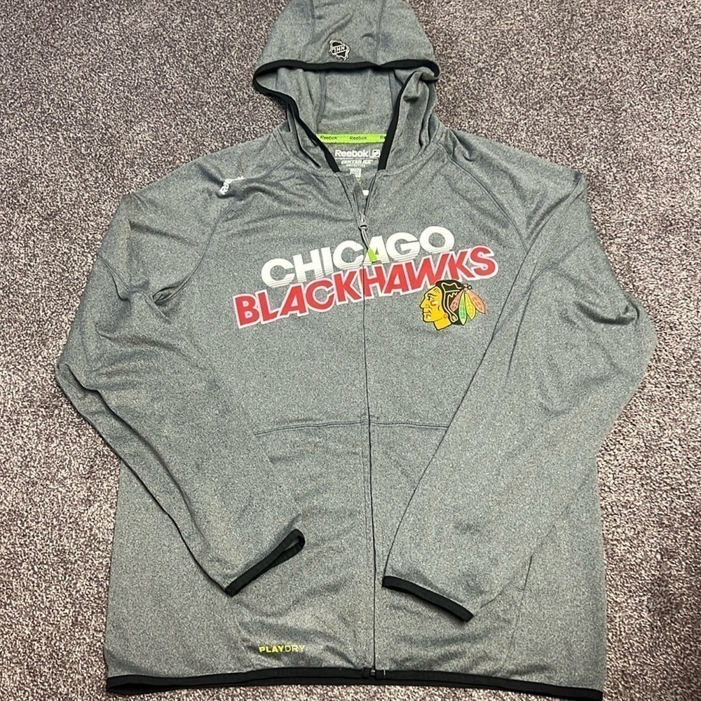 Chicago Blackhawks Hoodie Men's Medium Reebok Center Ice NHL PlayDry Gray Hockey